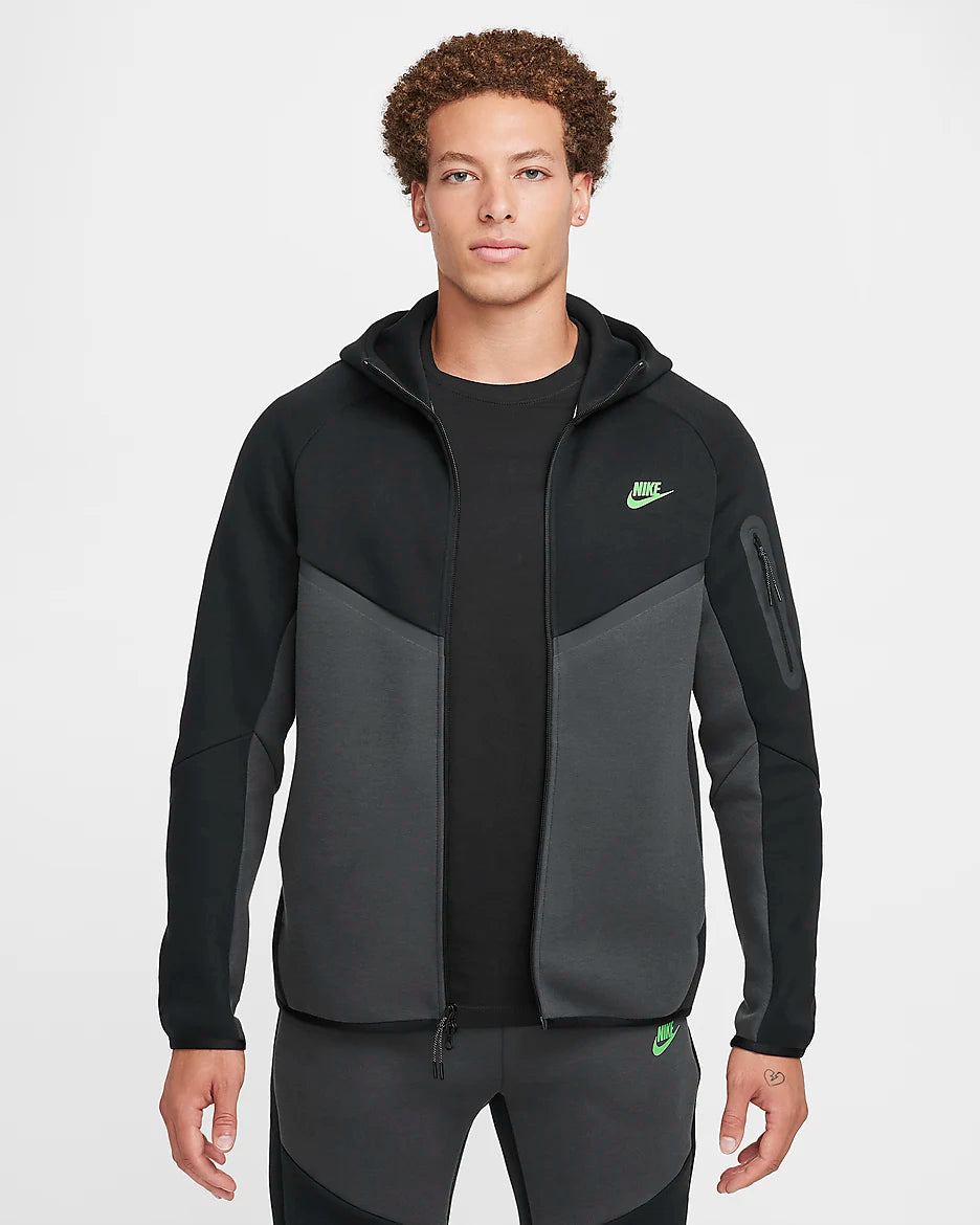 NIKE TECH FLEECE HOODIE - BLACK & ANTHRACITE & GREEN STRIKE